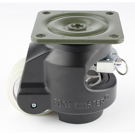 Leveling Caster, Ratchet, 63 mm PU Wheel, 90x90 mm Plate, Swivel, 550 kg Cap, NBR Foot Pad, Black MPN:GDR-80-F-HUP-FBL