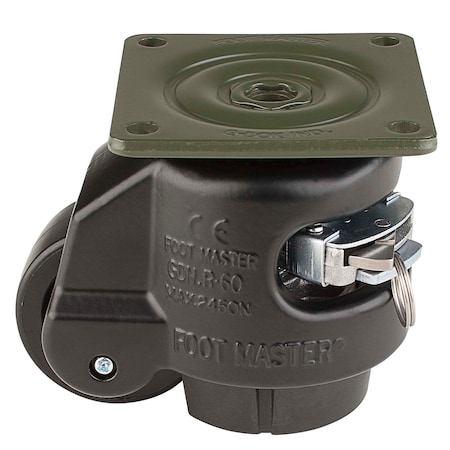 Leveling Caster, Ratchet, 63 mm Nylon Wheel, 90x90 mm Plate, Swivel, 550 kg Cap, NBR Foot Pad, Black MPN:GDR-80-F-NYN-FBL