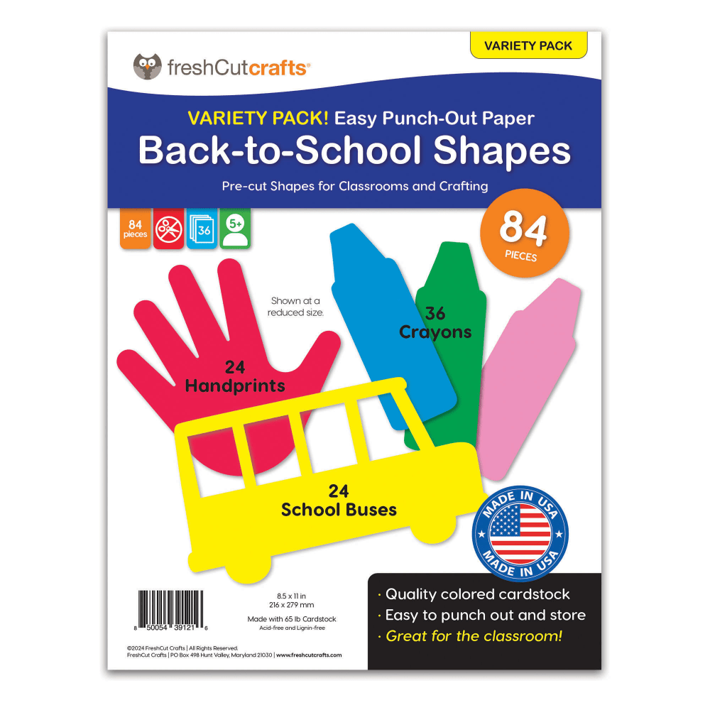 FreshCut Crafts Punch Out Paper Cutouts, Back to School Shapes, Handprints, Crayons & School Bus, 84 Pieces MPN:FCC850054391216