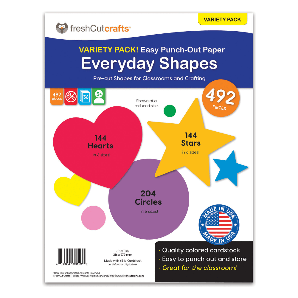 FreshCut Crafts Punch Out Paper Cutouts, Everyday Shapes, Hearts, Stars & Circles, 492 Pieces MPN:FCC850054391230