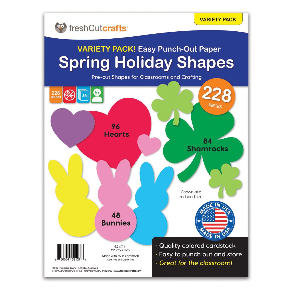 FreshCut Crafts Punch Out Paper Cutouts, Spring Holiday Shapes, Valentine Hearts, Shamrocks & Easter Bunny, 228 Pieces MPN:FCC850054391278