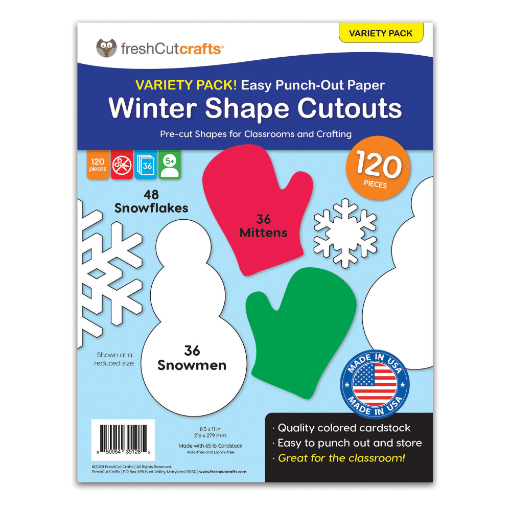 FreshCut Crafts Punch Out Paper Cutouts, Winter Shapes, Snowflakes, Mittens & Snowman, 120 Pieces MPN:FCC850054391285