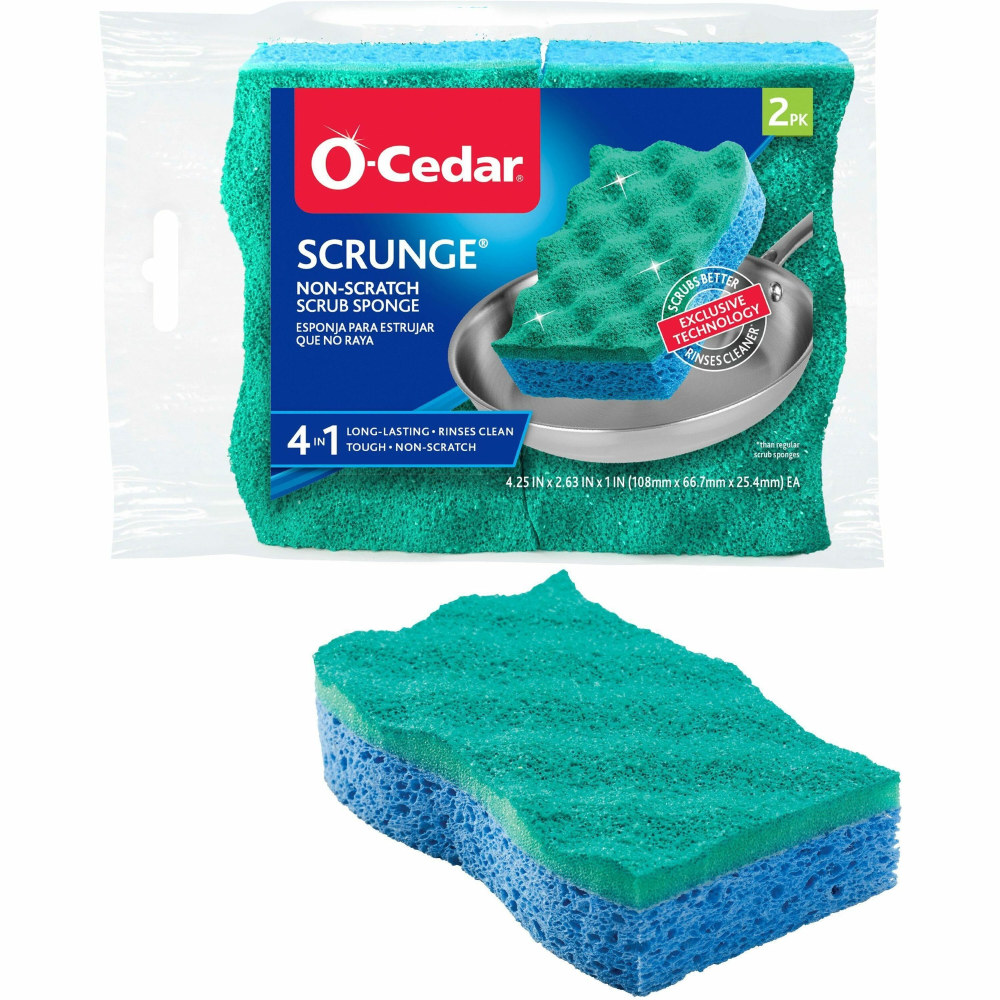 O-Cedar Scrunge Non-Scratch Scrub Sponge - 4.2in Width x 2.6in Depth x 4.2in Length - 2 / Pack - Cellulose, Synthetic Fiber - Multi, Blue, Green MPN:169431