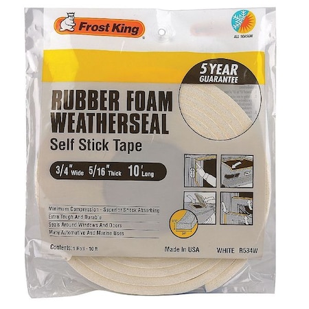 Spnge Rubber Foam Tape, 3/4Inx10 ft, 8 mil, Insert Color: White MPN:R534WA