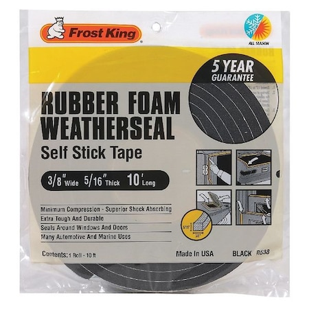 Spnge Rubber Foam Tape, 3/8Inx10 ft, 8 mil, Insert Color: Black MPN:R538H