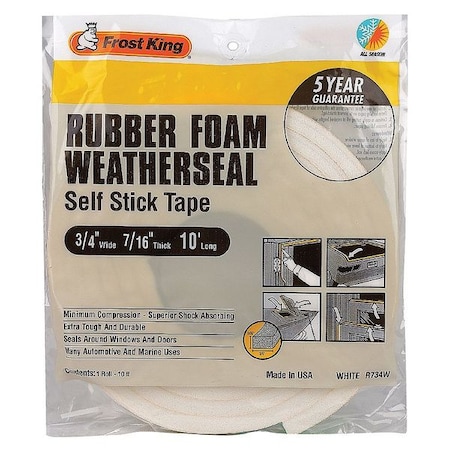 Weather Seal, Rubber Foam, White, 10 ft L MPN:R734WA