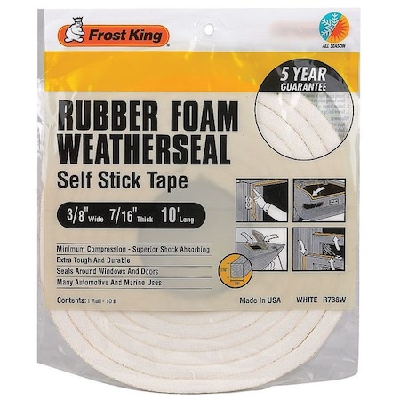 Weather Seal, Rubber Foam, White, 10 ft L MPN:R738WHA