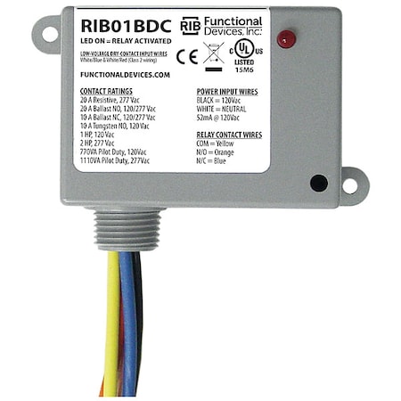 Enclosed Pre-Wired Relay, 20A at 277VAC, SPDT MPN:RIB01BDC