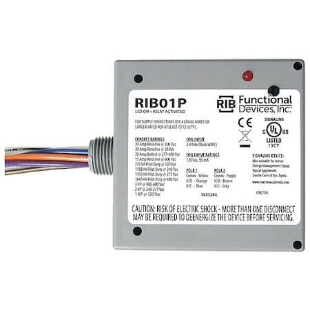 Enclosed Pre-Wired Relay, 20A at 300VAC, DPDT MPN:RIB01P