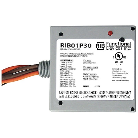 Enclosed Pre-Wired Relay, 20A at 300VAC, DPST MPN:RIB01P30
