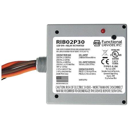Enclosed Pre-Wired Relay, 20A at 300VAC, DPST MPN:RIB02P30