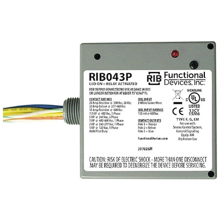 Enclosed Pre-Wired Relay, 20A at 300VAC, 3PST MPN:RIB043P