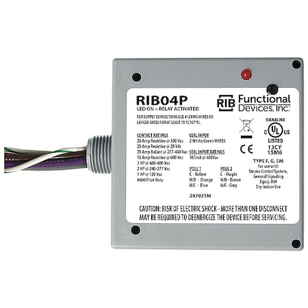 Enclosed Pre-Wired Relay, 20A at 300VAC, DPDT MPN:RIB04P