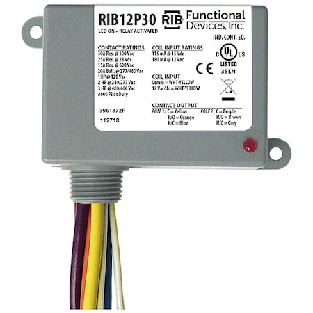 Enclosed Pre-Wired Relay, 30A at 300VAC, DPDT MPN:RIB12P30