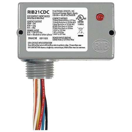Enclosed Pre-Wired Relay, 10A at 30VDC, SPDT MPN:RIB21CDC