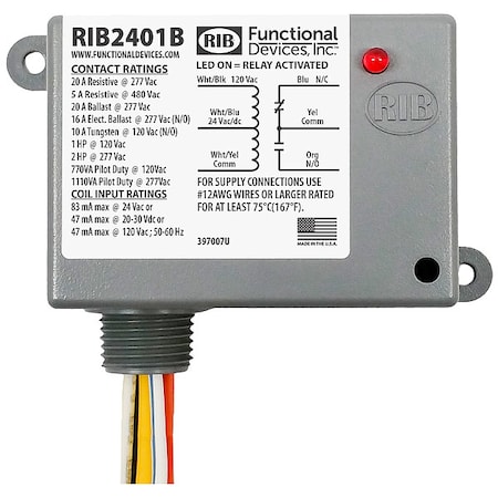 Enclosed Pre-Wired Relay, 20A at 277VAC, SPDT, Application: Power MPN:RIB2401B