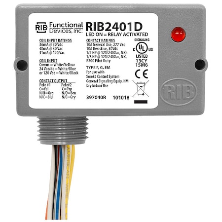 Enclosed Pre-Wired Relay, 10A at 30VDC, DPDT, NEMA Enclosure Type: 1 MPN:RIB2401D