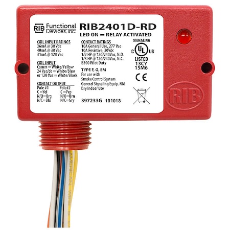 Relay, 10A, DPDT, 24VAC/DC/120VAC, NEMA 4 MPN:RIB2401D-RD