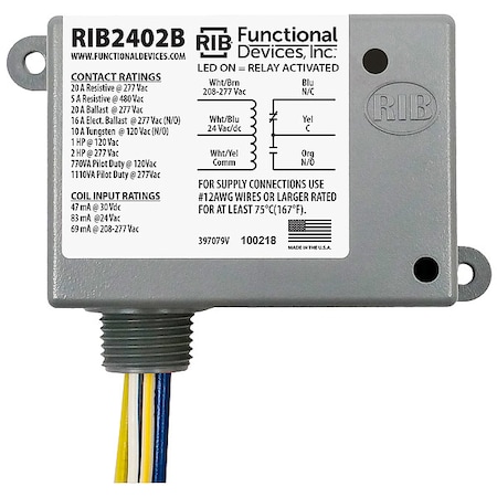 Enclosed Pre-Wired Relay, 20A at 277VAC, SPDT MPN:RIB2402B