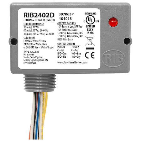 Enclosed Pre-Wired Relay, 10A at 30VDC, DPDT MPN:RIB2402D