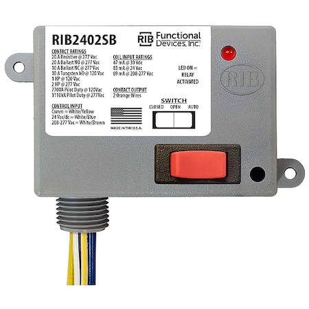 Enclosed Pre-Wired Relay, 20A at 277VAC, SPST MPN:RIB2402SB