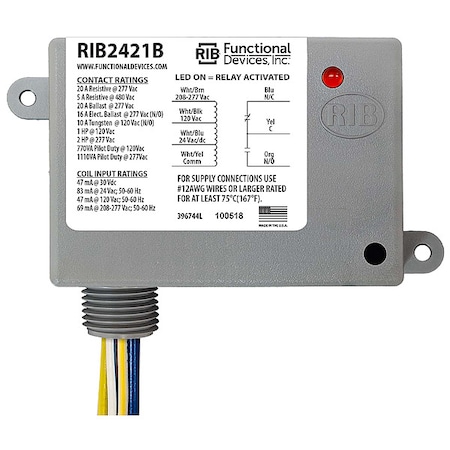 Enclosed Pre-Wired Relay, 20A at 277VAC, SPDT MPN:RIB2421B