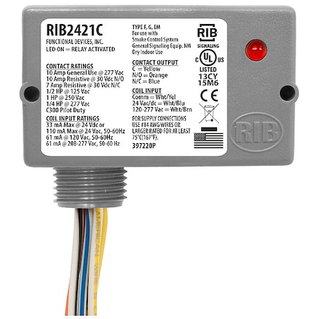 Enclosed Pre-Wired Relay, 10A at 30VDC, SPDT MPN:RIB2421C