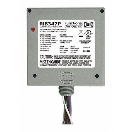 Enclosed Relay, 20A, DPDT, 347VAC Coil MPN:RIB347P