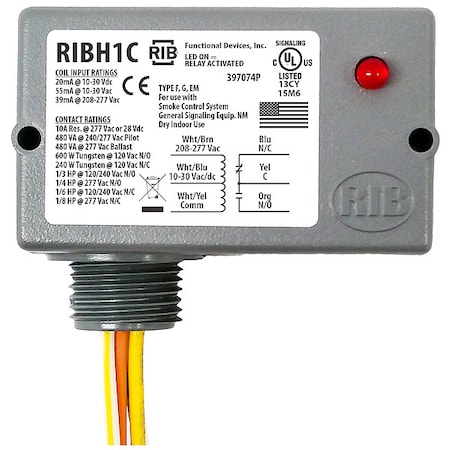 Enclosed Pre-Wired Relay, 10A at 277VAC, SPDT, Lead Length: 16 in MPN:RIBH1C