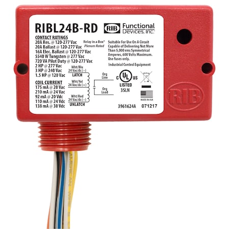 Latch Relay, 20A, SPST, 24VAC/DC, Red MPN:RIBL24B-RD