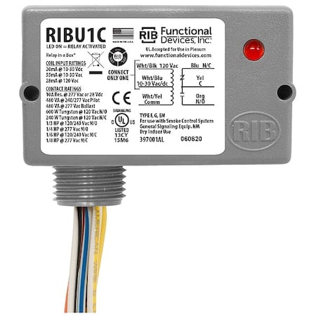 Enclosed Pre-Wired Relay, 10A at 277VAC, SPDT MPN:RIBU1C