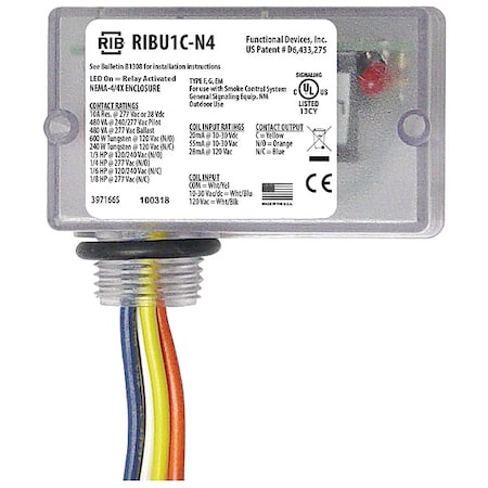Enclosed Pre-Wired Relay, 10A at 277VAC, SPDT MPN:RIBU1C-N4