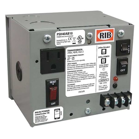 Class 2 Transformer, 40 VA, NEMA 1, 24V AC, 120V AC MPN:PSH40AB10
