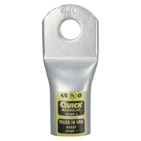 One-Hole Compression Lug, 4/0 AWG Max, 3/8 in Stud, Standard Barrel, Copper, Yellow MPN:6440F