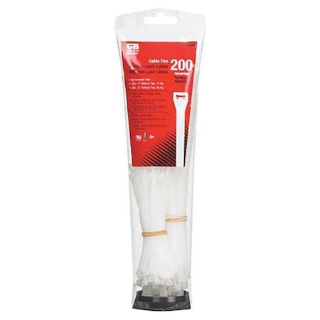 Cable Tie Assortment, 4 in, 8 in L, Natural, Nylon 6/6, 200 PK MPN:10098NL