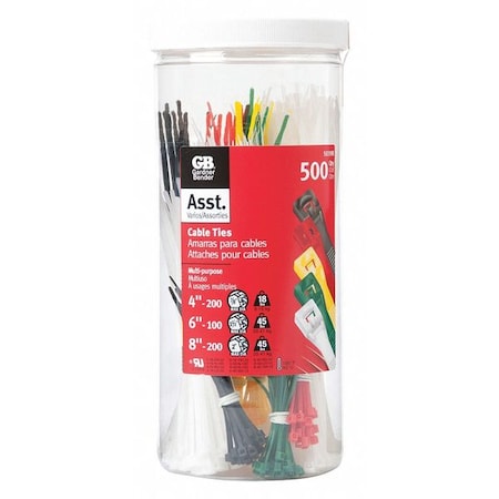 Cable Tie Assortment, 4 in, 6 in, 8 in L, Black, Green, Natural, Red, Yellow, Nylon 6/6, 500 PK MPN:50398