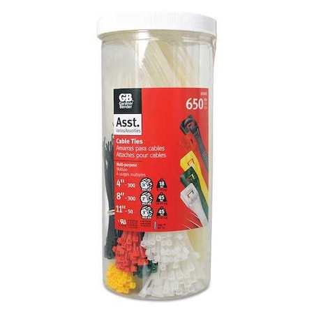 Cable Tie Assortment, 4 in, 8 in, 11 in L, Black, Green, Natural, Red, Yellow, Nylon 6/6, 650 PK MPN:65001