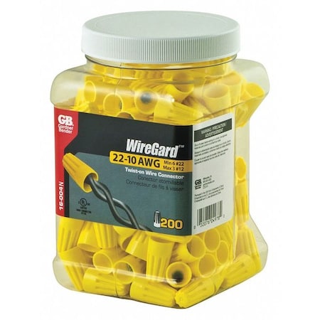 Twist-On Wire Connector, 10 AWG Max, Yellow, 200 PK MPN:16-004N