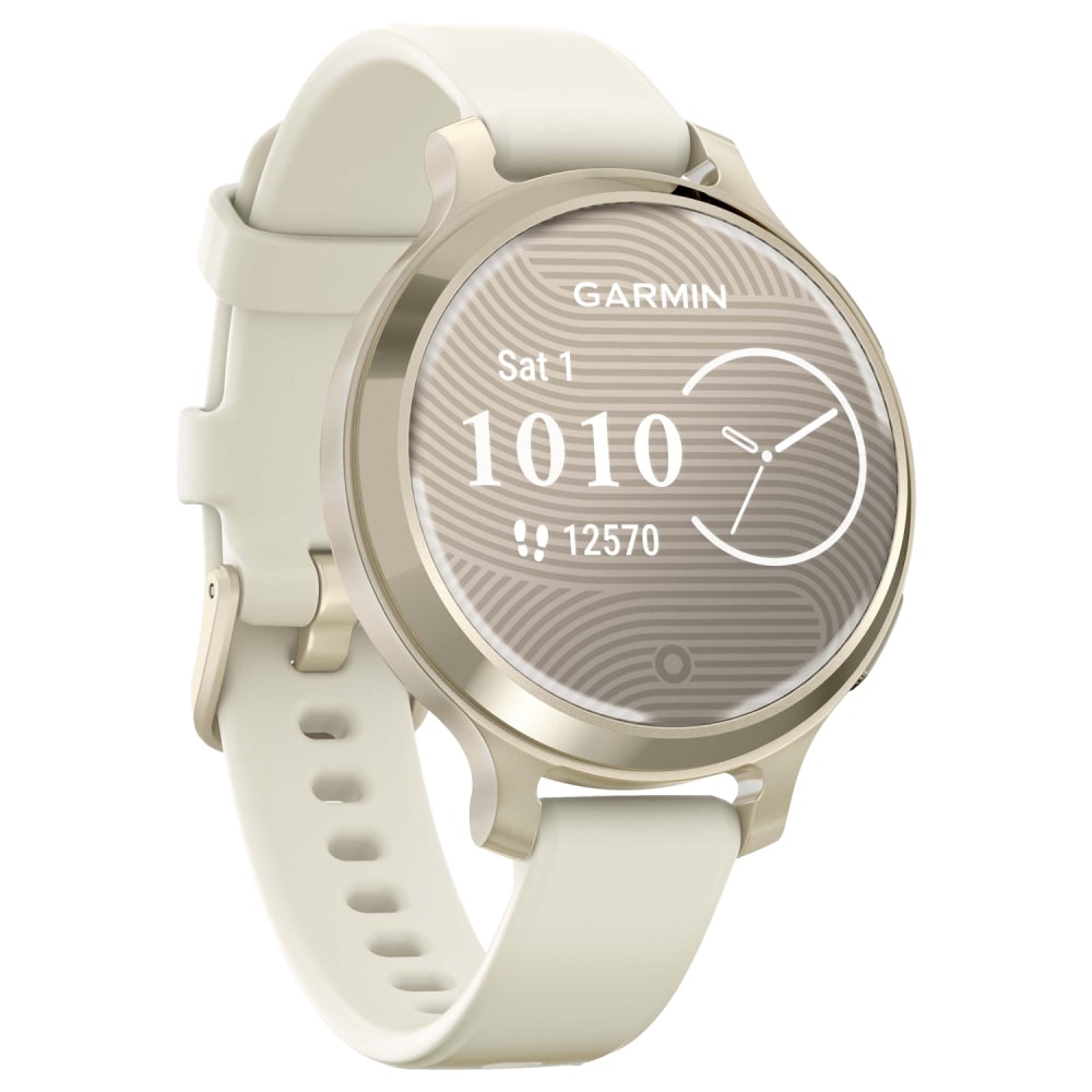 Garmin Lily 2 Active Health And Fitness Smartwatch With Anodized Aluminum Bezel And Silicone Band, Lunar Gold/Bone MPN:010-02891-00