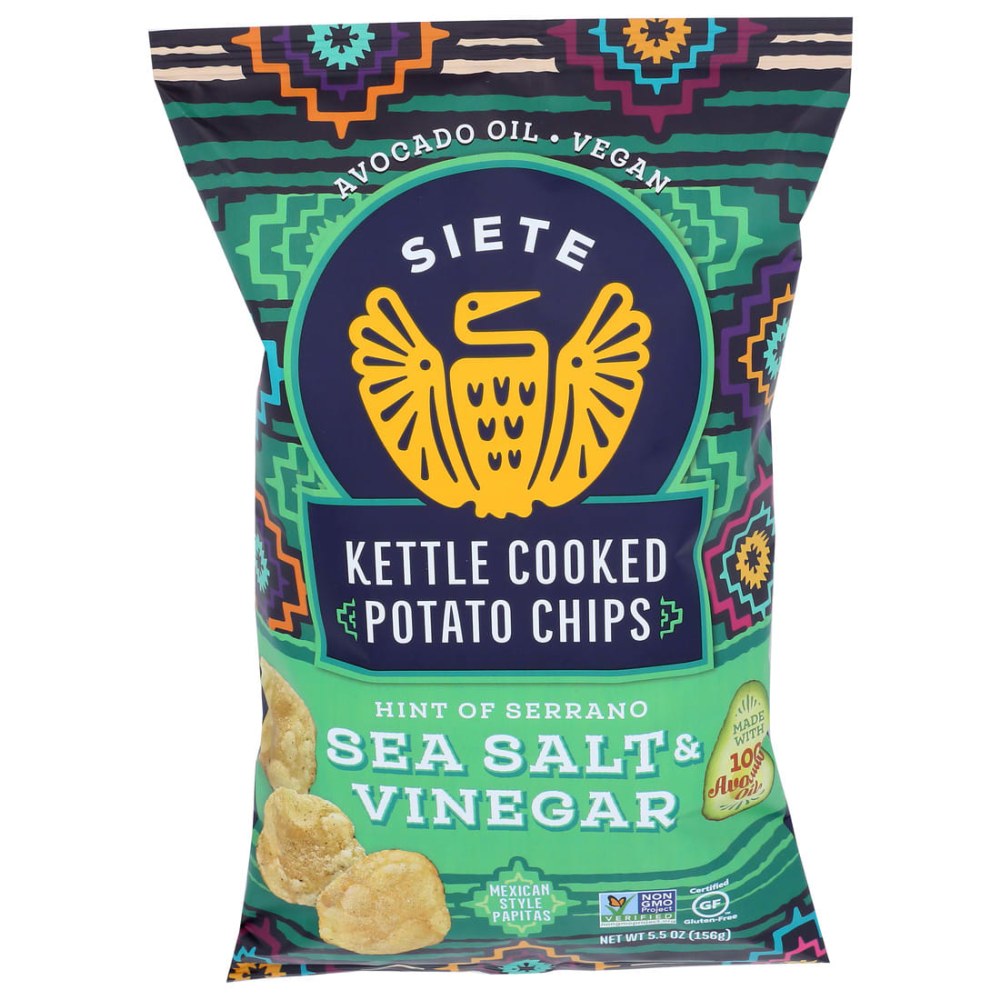 Siete Family Foods Kettle Cooked Potato Chips, Serrano Sea Salt & Vinegar, 5.5 Oz, Total Qty 6 MPN:KCVI5