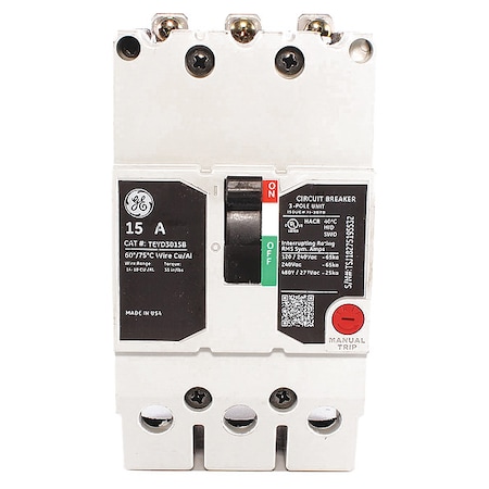 Molded Case Circuit Breaker, TEYD Series, 15A, 3 Pole, 277/480V AC, 25kA at 277/480V AC MPN:TEYD3015B