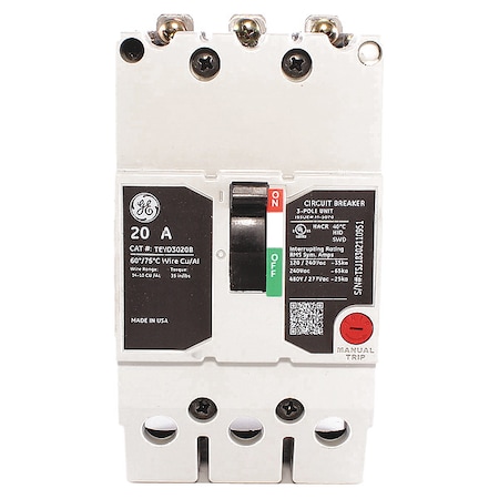 Molded Case Circuit Breaker, TEYD Series, 20A, 3 Pole, 277/480V AC, 25kA at 277/480V AC MPN:TEYD3020B