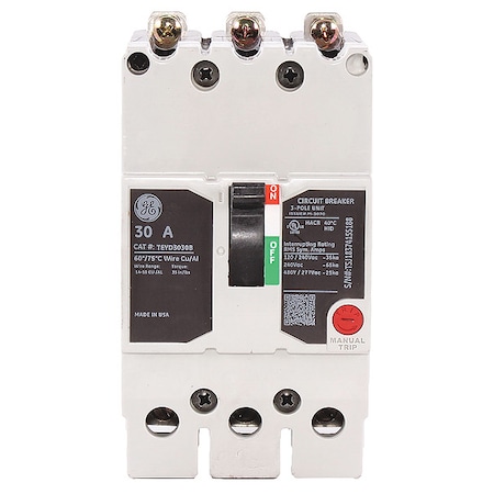 Molded Case Circuit Breaker, TEYD Series, 30A, 3 Pole, 277/480V AC, 25kA at 277/480V AC MPN:TEYD3030B