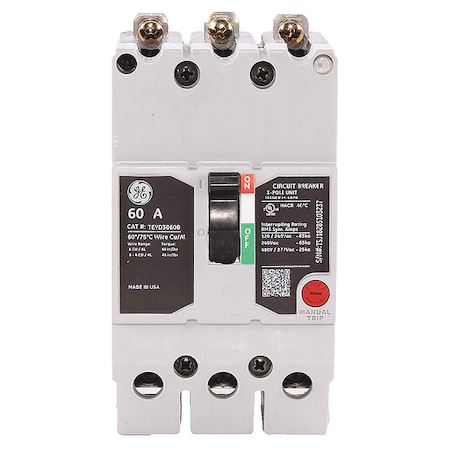 Molded Case Circuit Breaker, TEYD Series, 60A, 3 Pole, 277/480V AC, 25kA at 277/480V AC MPN:TEYD3060B