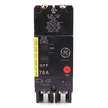 Molded Case Circuit Breaker, TEYF Series, 70A, 2 Pole, 277/480V AC, 18kA at 277/480V AC MPN:TEYF270