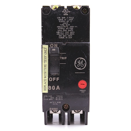Molded Case Circuit Breaker, TEYF Series, 80A, 2 Pole, 277/480V AC, 18kA at 277/480V AC MPN:TEYF280