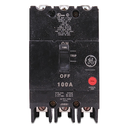 Molded Case Circuit Breaker, TEYF Series, 100A, 3 Pole, 277/480V AC, 18kA at 277/480V AC MPN:TEYF3100