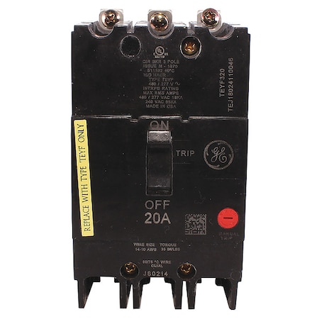 Molded Case Circuit Breaker, TEYF Series, 20A, 3 Pole, 277/480V AC, 18kA at 277/480V AC MPN:TEYF320