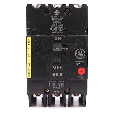 Molded Case Circuit Breaker, TEYF Series, 60A, 3 Pole, 277/480V AC, 18kA at 277/480V AC MPN:TEYF360