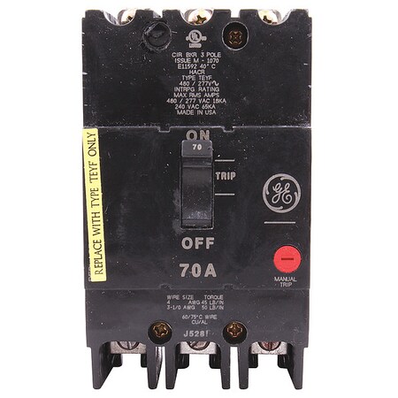 Molded Case Circuit Breaker, TEYF Series, 70A, 3 Pole, 277/480V AC, 18kA at 277/480V AC MPN:TEYF370